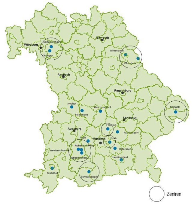 Landkarte Bayern mit Versuchs- und Bildungszentren und Versuchsstationen