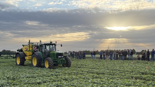Traktor mit Spritze fährt über das Feld