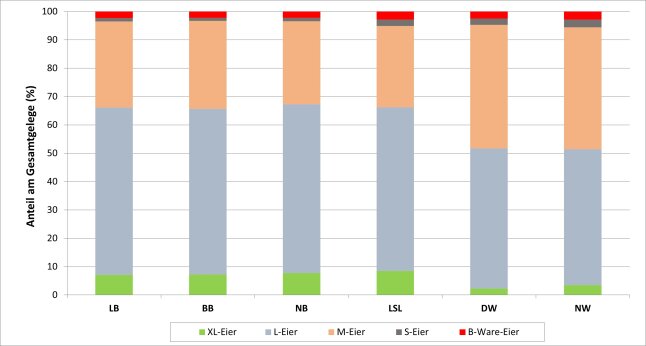 Eigewichtsklassenverteilung in der Legeperiode (21.-72. Lebenswoche) nach Herkünften